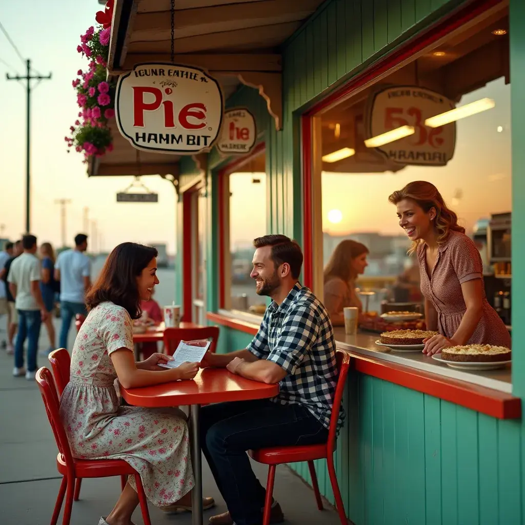 Старинный автомобиль, припаркованный у винтажного кафе