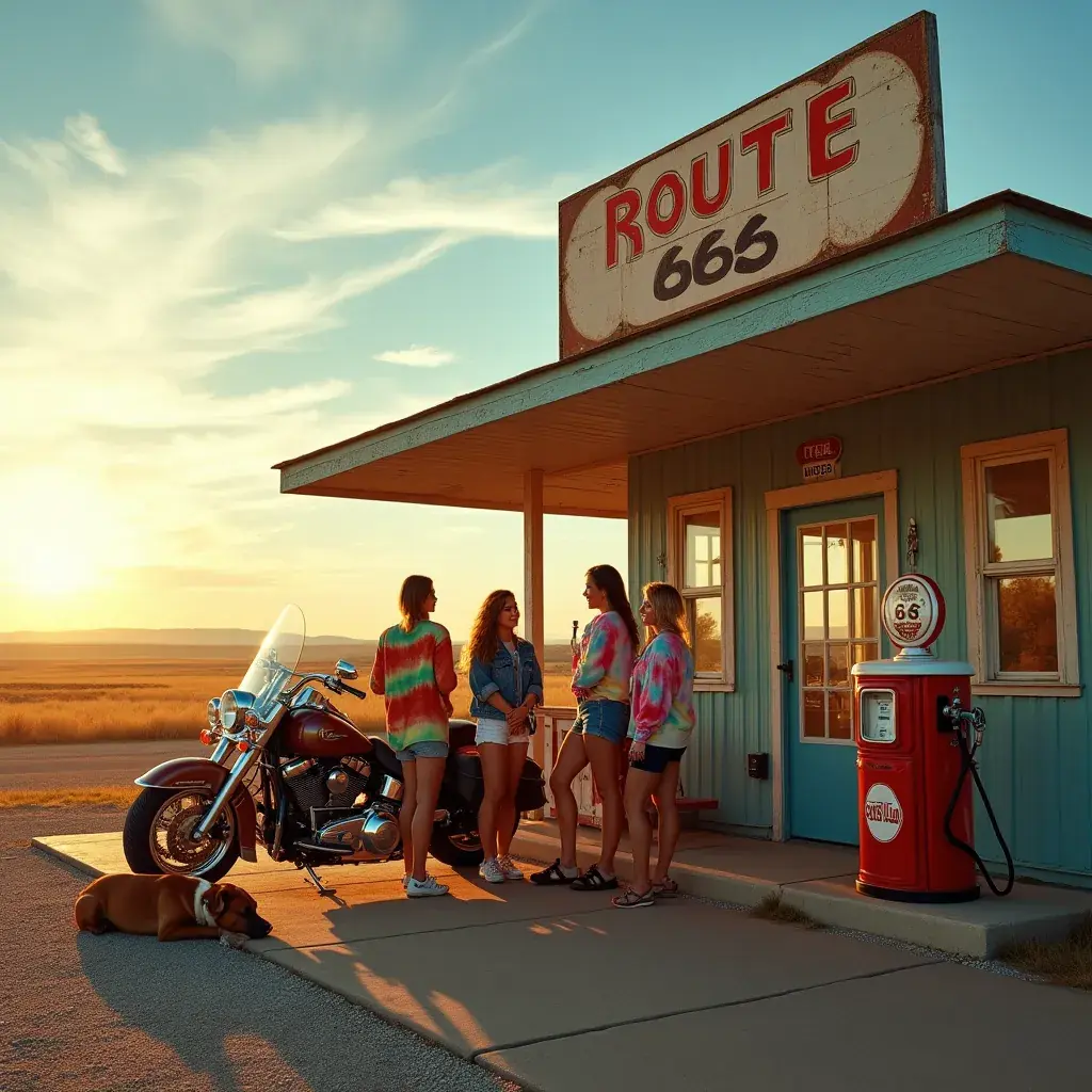 Классический американский дорожный пейзаж с ретро-кафе и знаковыми достопримечательностями вдоль маршрута 66.